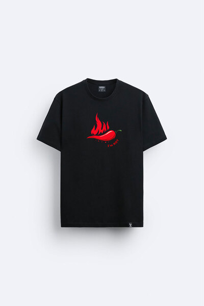 Darkia Tricou negru cu imprimeu cu ardei iute, cu decor relaxat, cu decolteu rotund - Sunt fierbinte