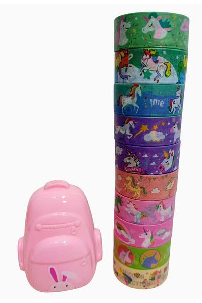 izmir yazici servis 10-Piece Unicorn Patterned Fancy Tape Set - Bag Shaped Pencil Sharpener Gift in Special Box