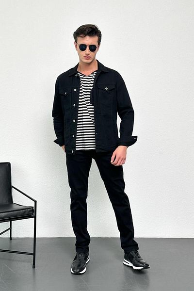HLT JEANS Pánská černá Jean Denim Standard Fit 100% bavlna Kapesní džínová bunda na knoflíky HLTHE042101