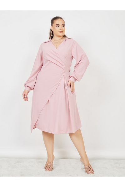 Styli Plus Pleated Collared A-line Midi Dress
