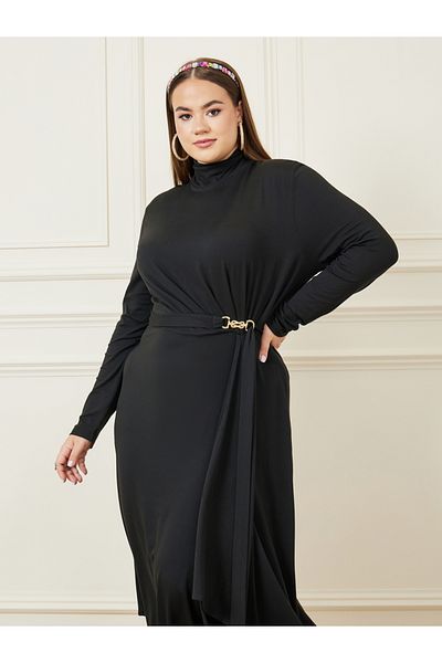 Styli Plus Asymmetrical Long Sleeve Maxi Dress with Belt