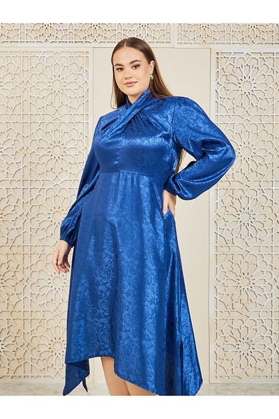 Styli Plus Satin Jacquard Print Handkerchief Hem A-Line Midi Dress