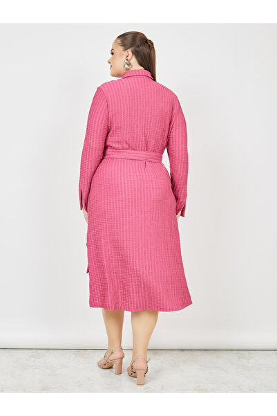 Styli Plus Waffle Textured Shirt Midi Dress with Self Tie Up