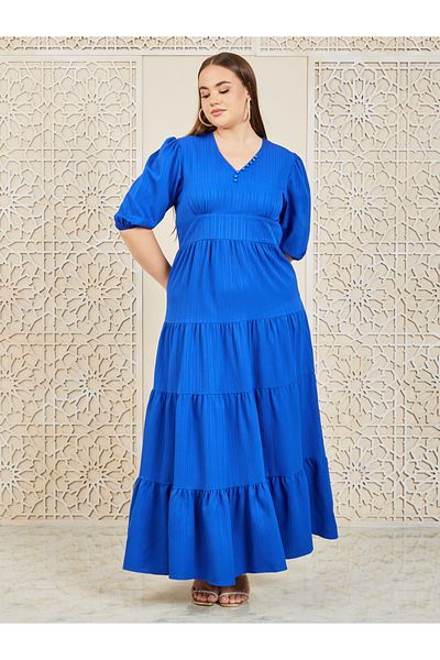 Styli Plus Button Detail Tiered Maxi Dress