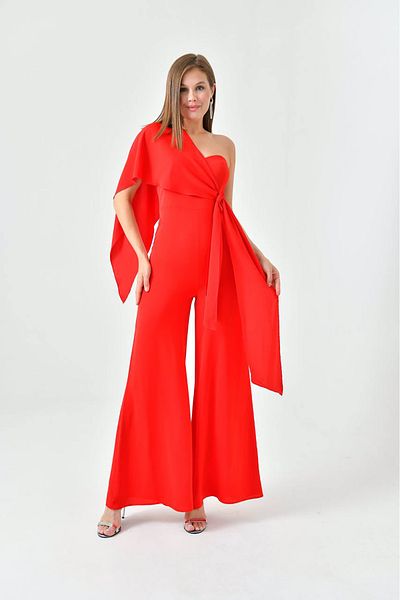Neşeli Butik Strapless Belted Red Evening Jumpsuit - NBS9355