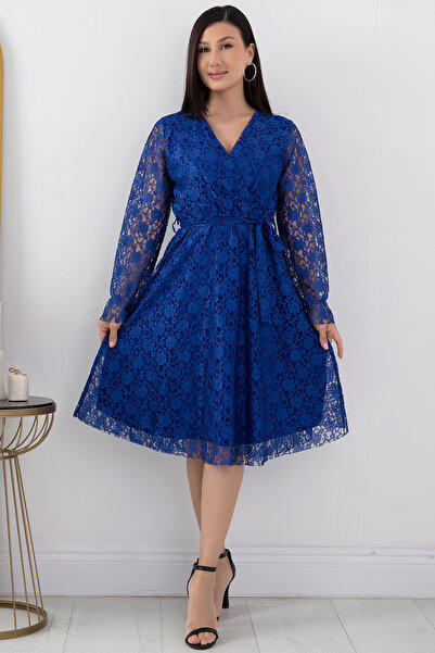 PULLIMM Kruvaze Yaka Kuşaklı Midiboy Dantel Abiye Elbise 13453