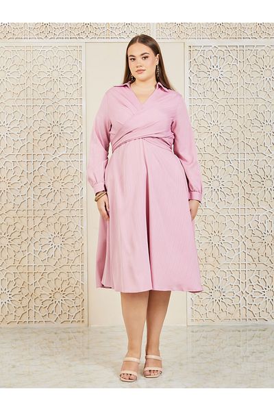 Styli Plus Textured Collared Back Tie Up A-line Midi Dress