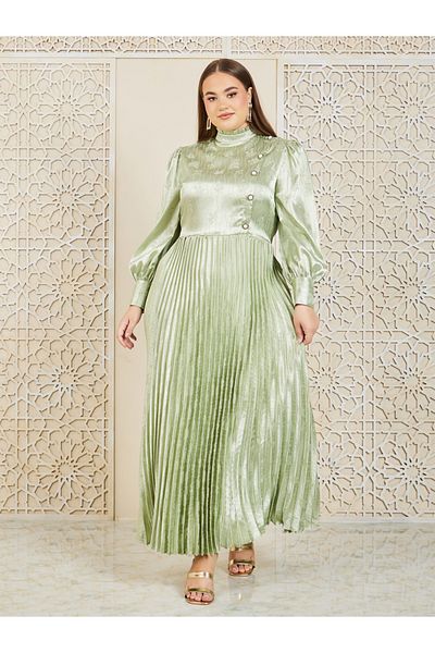 Styli Plus Satin Jacquard Print Accordion Pleats A-Line Maxi Dress