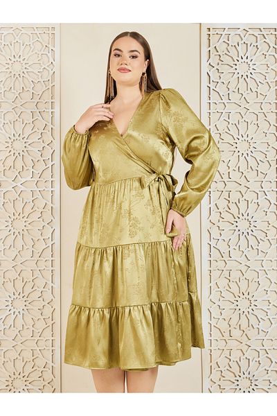 Styli Plus Satin Jacquard Print Self Tie Tiered Wrap Midi dress
