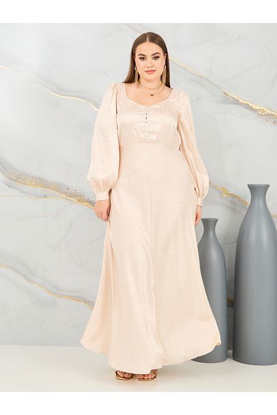 Styli Plus Jacquard Bishop Sleeves A-Line Maxi Dress