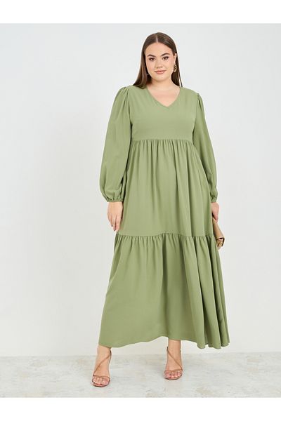 Styli Plus Gathered Detail Tiered Maxi Dress