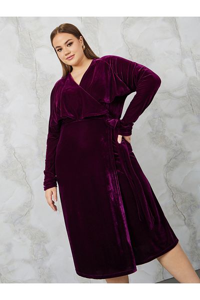 Styli Plus Velour Tie Front Wrap Midi Dress