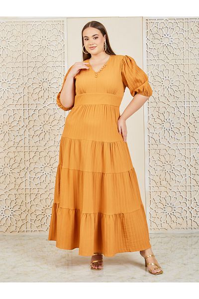 Styli Plus Button Detail Tiered Maxi Dress