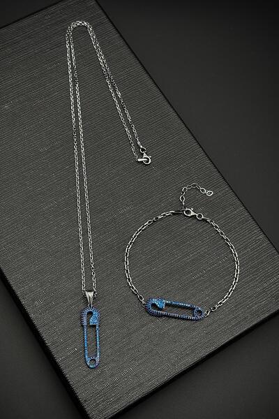 FRNCH 925 Ayar Gümüş Çengelli İğne Model Lacivert Zirkon Taşlı Erkek Bileklik...