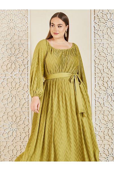 Styli Plus Satin Plisse Textured A-Line Maxi Dress with Self Tie Up