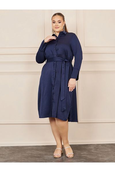 Styli Plus Satin Self Tie Up Shirt Midi Dress