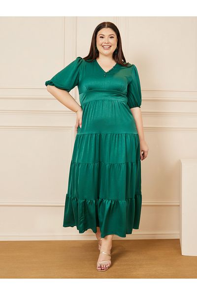 Styli Plus Satin Button Detail Tiered Maxi Dress