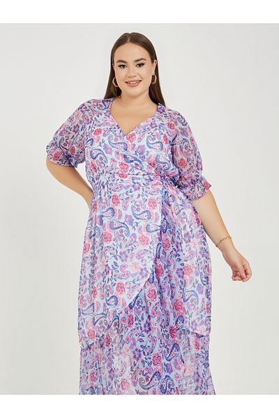 Styli Plus Paisley Print Lurex Stripe Wrap Maxi Dress