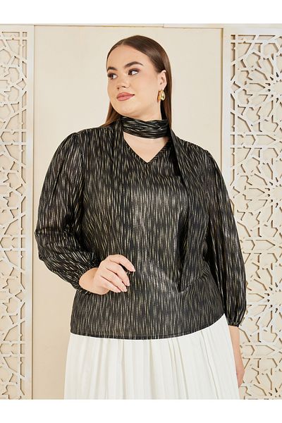 Styli Plus Tie Up Neck Striped Blouse