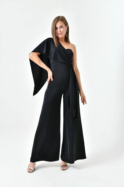 Neşeli Butik Black Strapless Belted Women's Evening Dress Jumpsuit - NBS9355