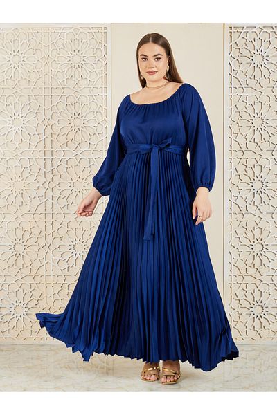 Styli Plus Satin Accordion Pleats Self Tie Up A-Line Maxi Dress
