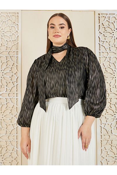 Styli Plus Tie Up Neck Striped Blouse
