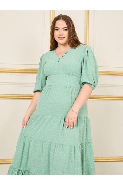 Styli Plus Button Detail Tiered Maxi Dress