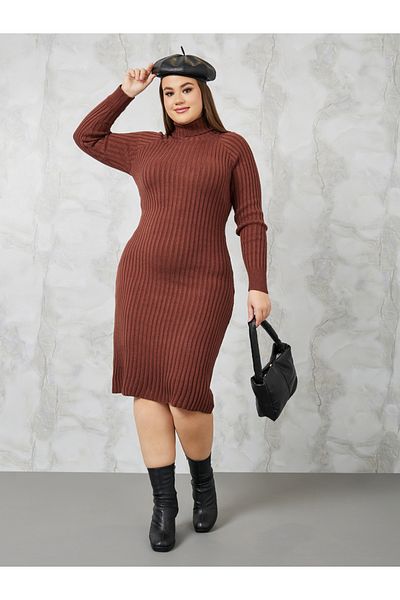 Styli Plus Turtle Neck Ribbed Knit Sweater Dress