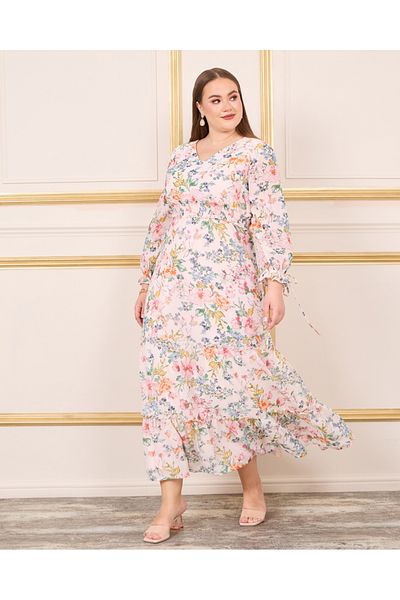 Styli Plus Floral Print Smocked Waist A-Line Maxi Dress