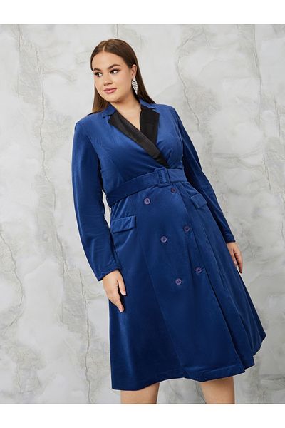 Styli Plus Contrast Collar Belted Blazer Midi Dress
