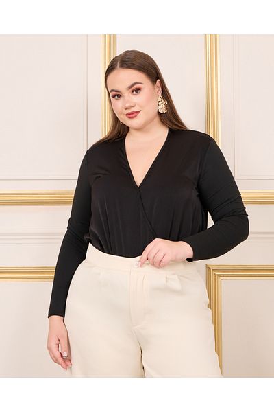 Styli Plus Satin Long Sleeve V Neck Bodysuit