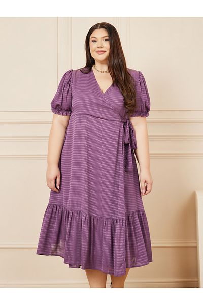 Styli Plus Check Textured Ruffle Hem Wrap Midi Dress