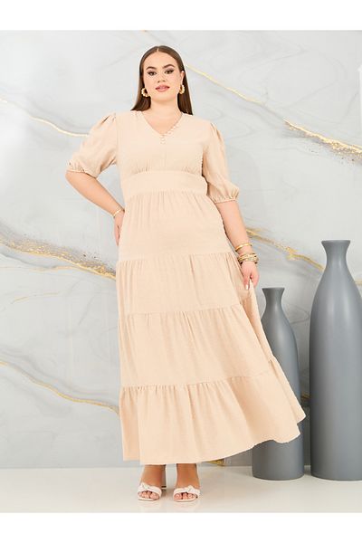 Styli Plus Button Detail Tiered Maxi Dress