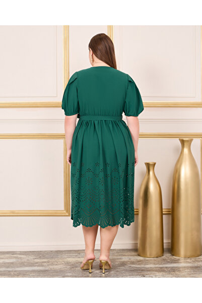 Styli Plus Schiffli Puff Sleeves Wrap Midi Dress