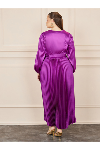 Styli Plus Satin Pleated Maxi Dress with Self Tie Up
