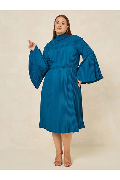 Styli Plus High Neck Pleated Midi Dress with Bell Sleeves