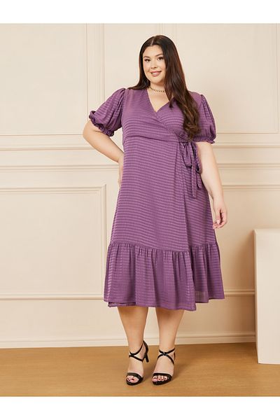 Styli Plus Check Textured Ruffle Hem Wrap Midi Dress