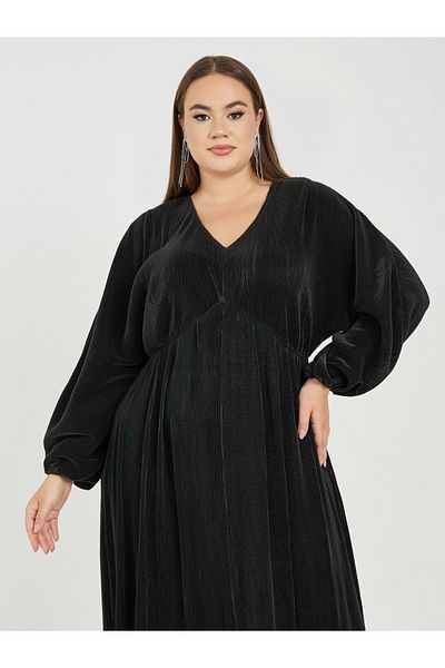 Styli Plus Plisse Maxi Dress with Volume Sleeves