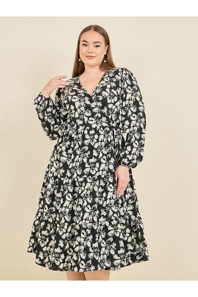 Styli Plus Floral Print Tiered Wrap Midi Dress