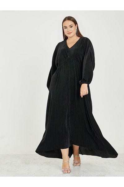 Styli Plus Plisse Maxi Dress with Volume Sleeves