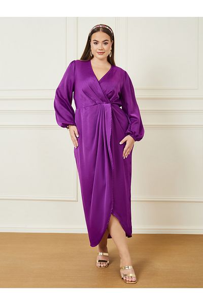 Styli Plus Satin Gathered A-Line Maxi Dress with Long Sleeves