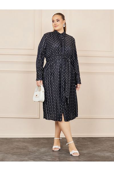Styli Plus Satin Polka Dot Print Self Tie Up Shirt Midi Dress