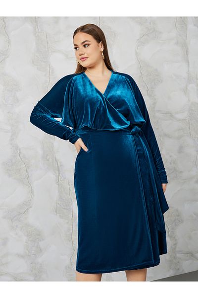 Styli Plus Velour Tie Front Wrap Midi Dress