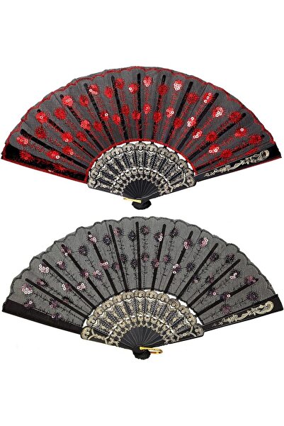 YELPAZE Pullu Şık Doğal Serinletici Yelpaze Kırmızı Siyah