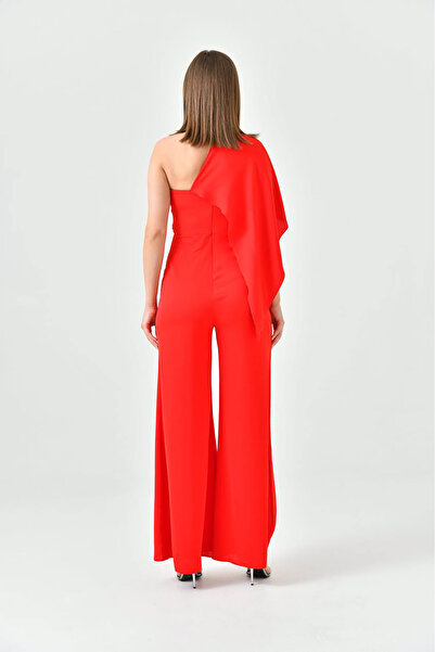 Neşeli Butik Strapless Belted Red Evening Jumpsuit - NBS9355