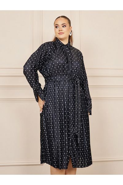 Styli Plus Satin Polka Dot Print Self Tie Up Shirt Midi Dress