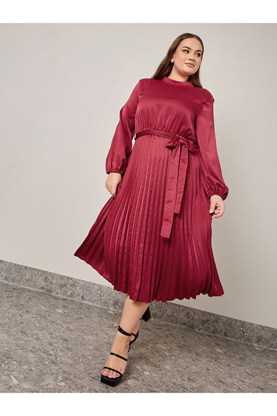 Styli Plus Pleated Belted A-Line Midi Dress