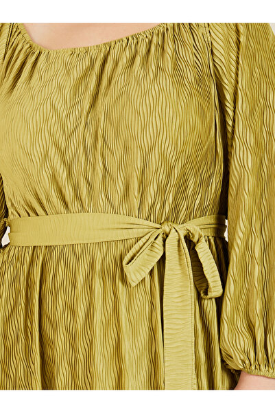 Styli Plus Satin Plisse Textured A-Line Maxi Dress with Self Tie Up