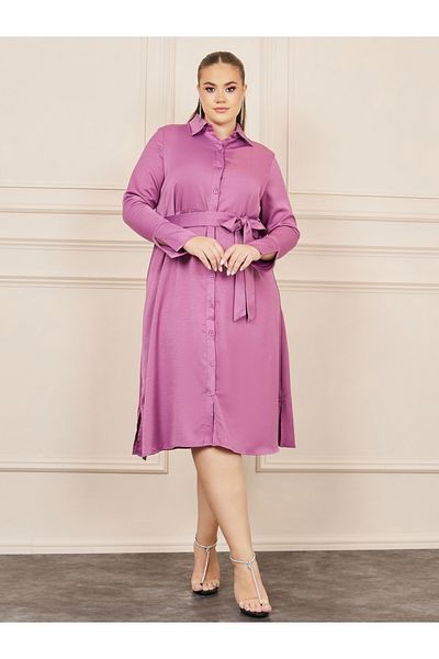 Styli Plus Satin Self Tie Up Shirt Midi Dress
