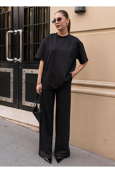 My Blog Set aus schwarzer Bluse und Hose mit halblangen Ärmeln und Glitzer
